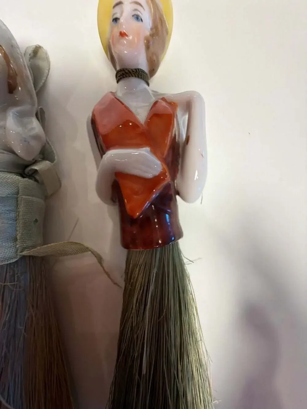 Vintage Porcelain Half Doll Vanity Whisk Broom Set